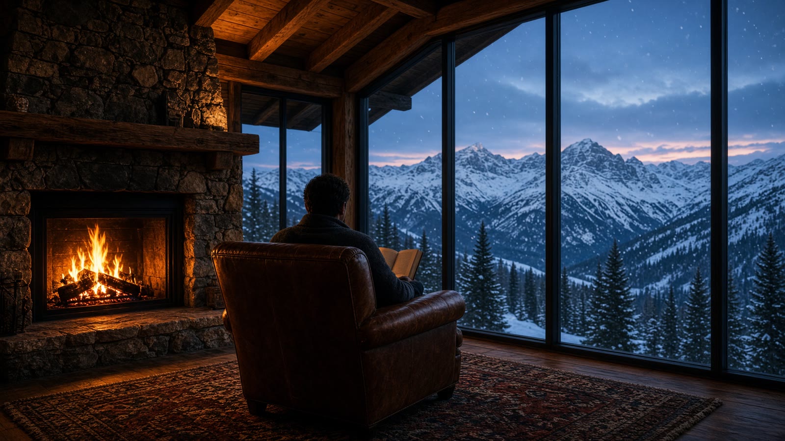 A person reading in a leather armchair beside a stone fireplace in a mountain cabin at dusk, snow falling beyond the windows