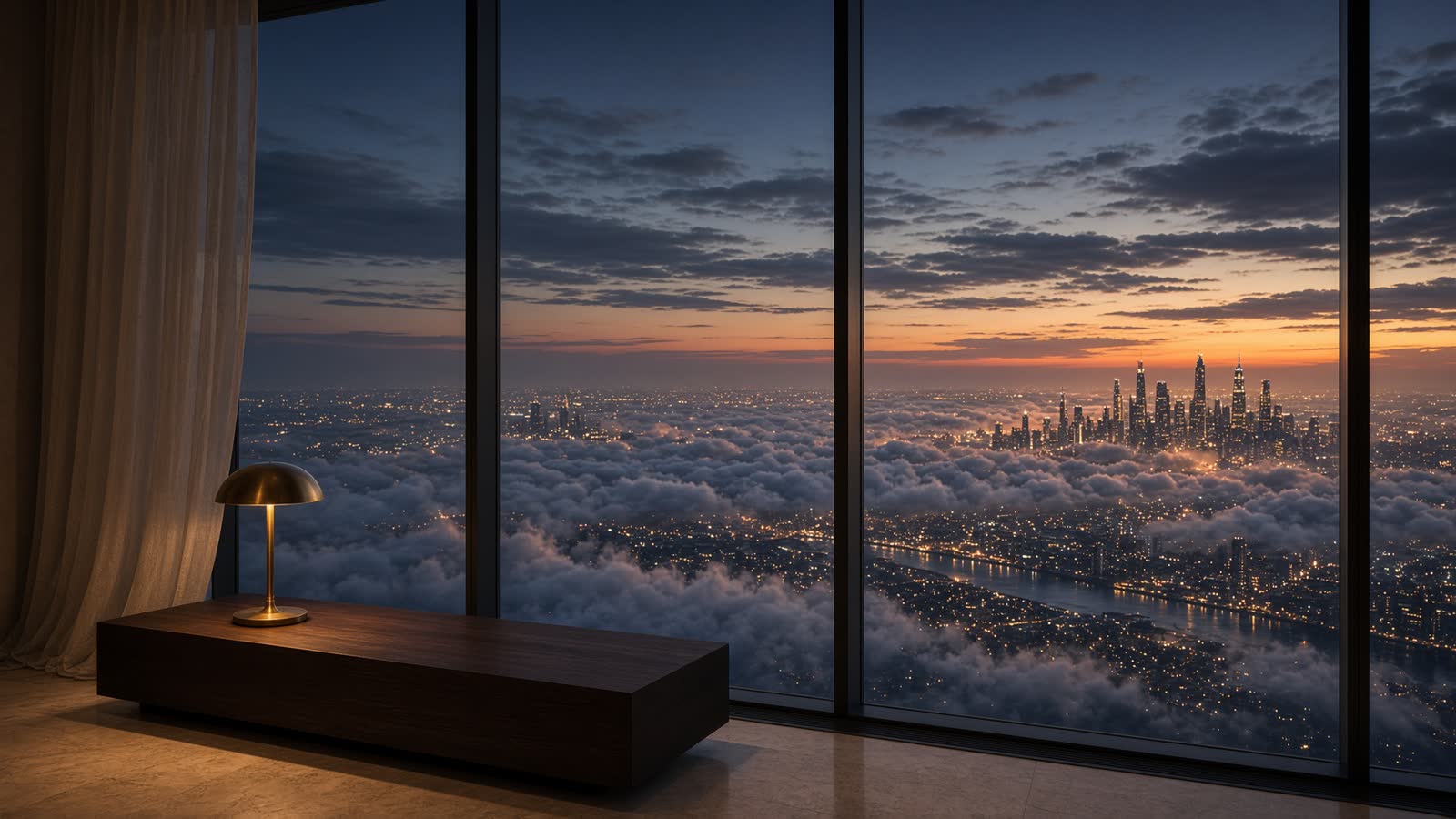 Dusk view from a luxury high-rise penthouse through floor-to-ceiling glass, with a city skyline and clouds far below and a warm lamp inside