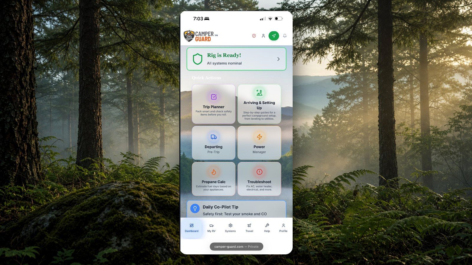 The Camper Guard app on a phone, set in a misty pine forest