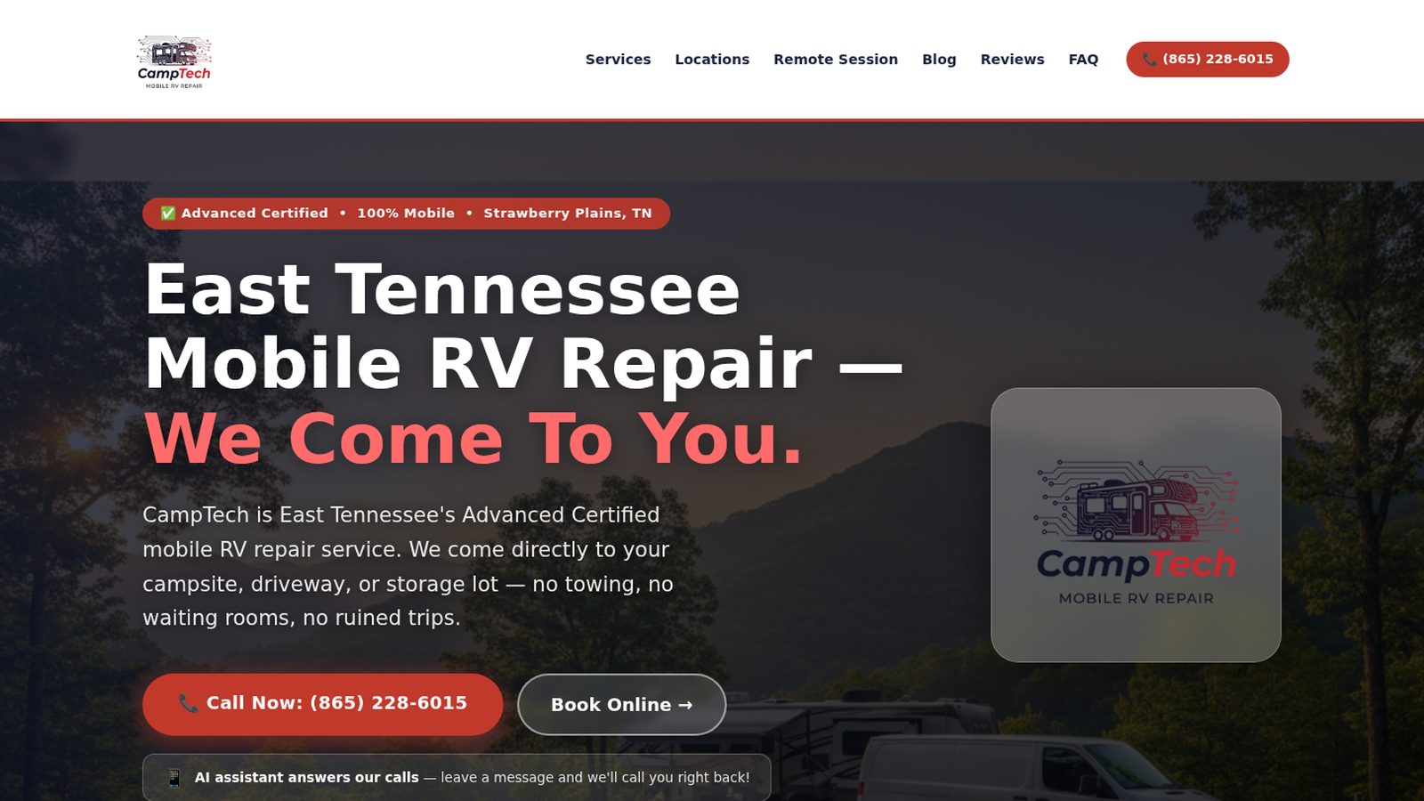 The CampTech homepage for mobile RV repair in East Tennessee