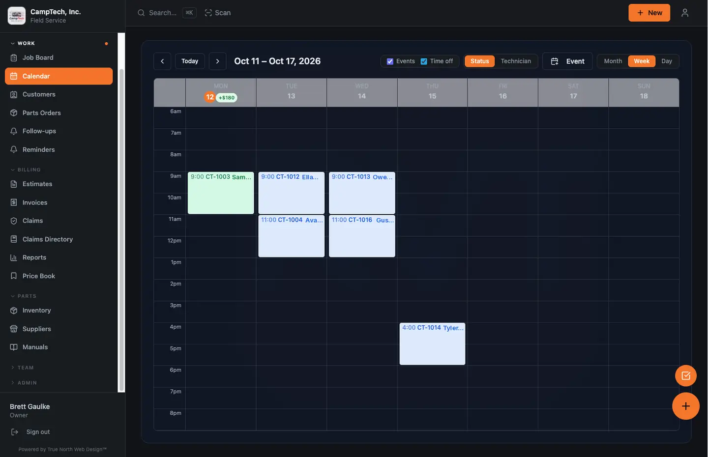 RV TechMate 2.0 week calendar view with demo appointments